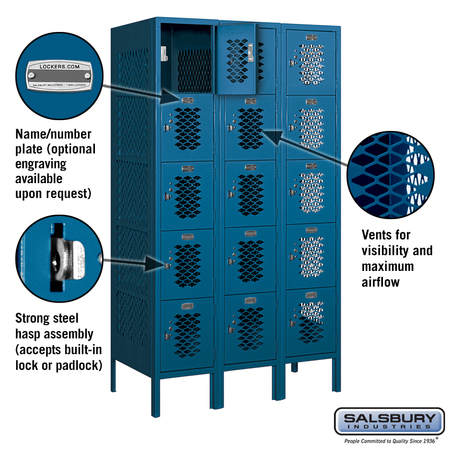 Salsbury Industries 5 Tier Box Vented Locker, 36"Wx66"Hx18"D, 15 Door, Blue, Unassembled 75358BL-U